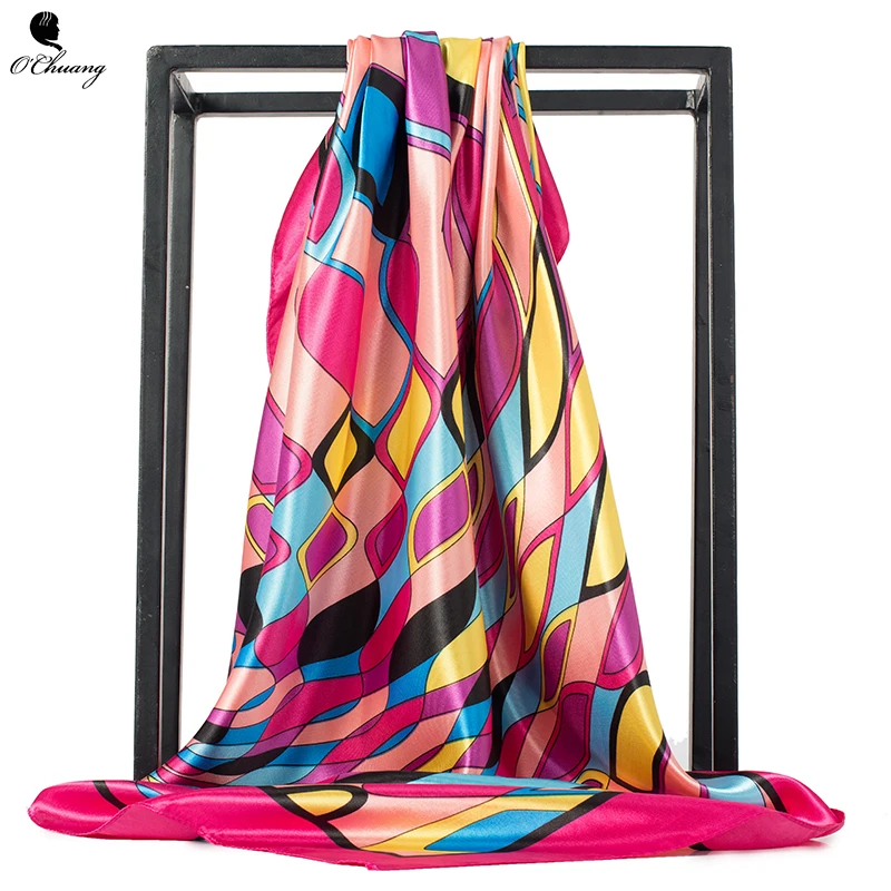 

Women Scarf Satin Silk Foulard Spring Cheveux Plaid Printed Luxury Hijab Scarfs Square Head Scarves shawls and wraps 90x90cm