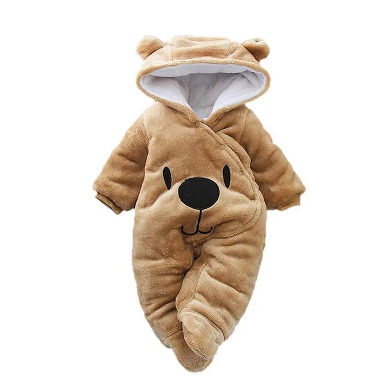 Утолщенный термальный костюм с рисунком медведя в форме Ползания зимний Coldproof мягкий песочник для малышей Детский комбинезон - Цвет: Coffee