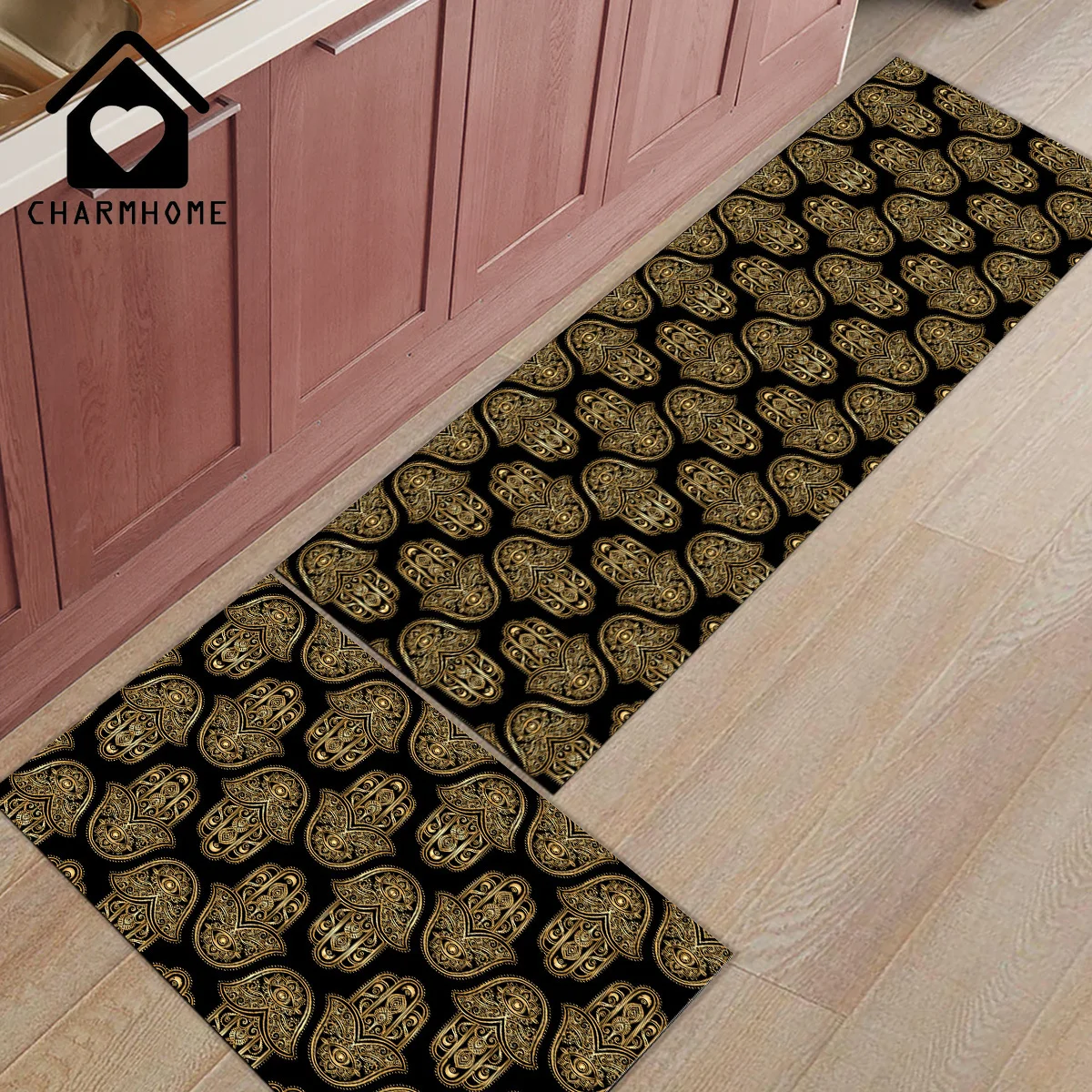 

CHARMHOME 2Pcs/Set Retro Black And Gold Mandala Long Kitchen Mat Carpet Floor Mats Home Entrance Doormat Bedroom Living Room Rug