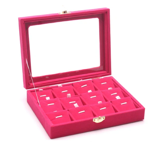 Чехол для переноски со стеклянной крышкой Ювелирное кольцо Ожерелье Подвеска Дисплей Коробка лоток держатель коробка для хранения Органайзер - Цвет: Розово-красный