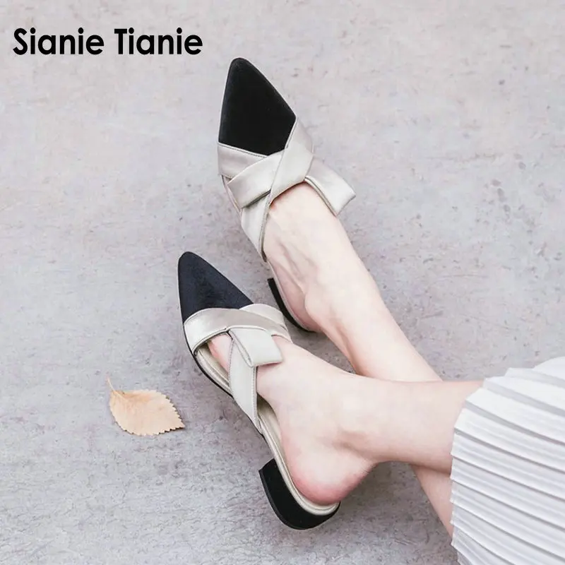 

Sianie Tianie fashion satin velour point toe slippers shoes for woman real pigskin insole female slides women mules size 33-41