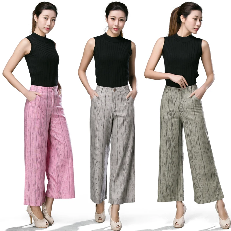 

Plus size Summer Women Print Flower Pattern Wide Leg Loose Linen Dress Pants Female Casual Skirt Trousers Capris Culottes