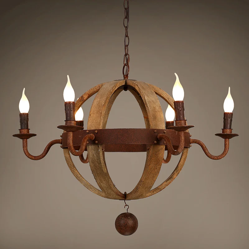 

American antique spherical wood chandelier rural retro nostalgic e14 Circle living room bedroom cafe decoration Chandelier G184