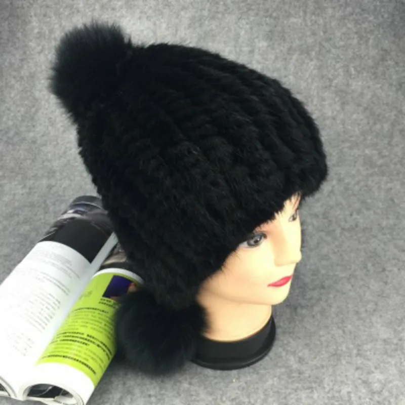 Winter New Authentic Thick Warm Mink Fur Hat Knitted Fox Fur Ball Ms Luxury fashion Winter