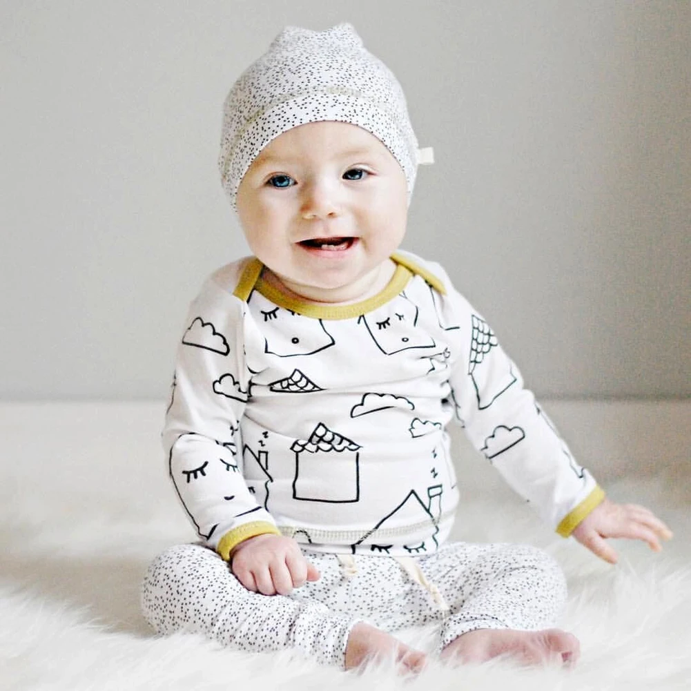 

3Pcs Toddler Soft Cotton Cartoon Print T-shirt Tops with Dot Pants Hat Fashion 0 to 18M Baby White T-shirt Trousers Cap