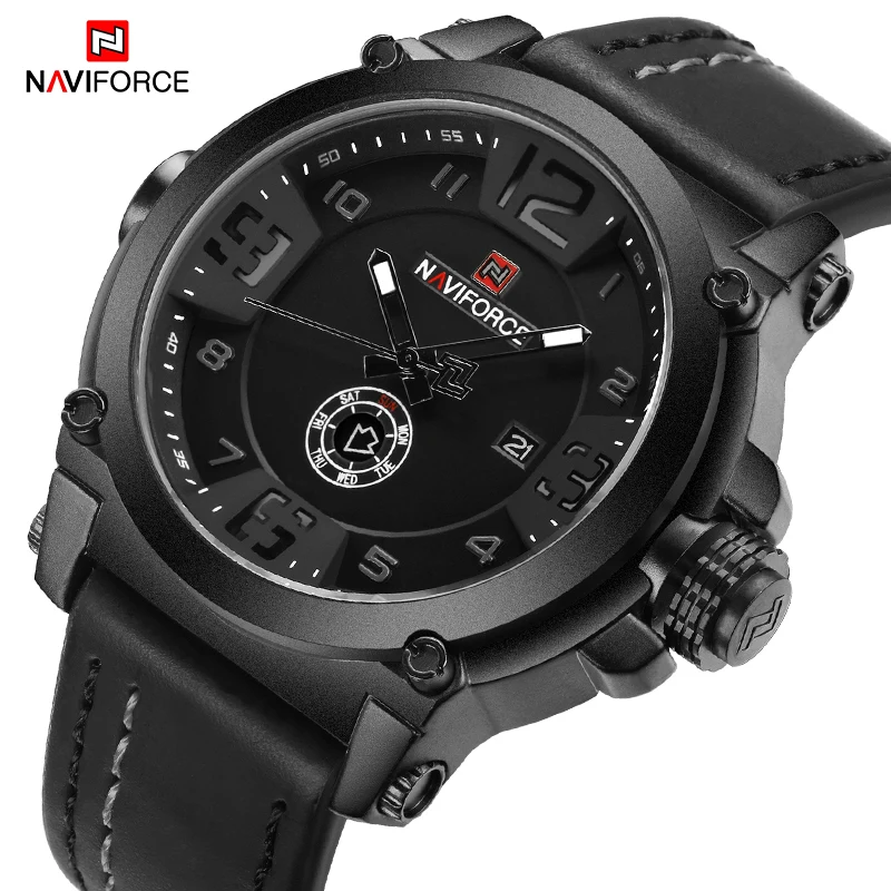 Ceny NAVIFORCE 9099 męskie zegarki Top marka luksusowe Sport zegarek kwarcowy skórzany pasek zegar mężczyźni zegarek wodoodporny Relogio Masculino