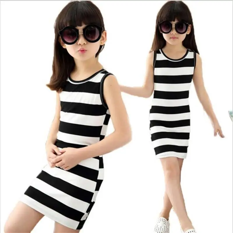 

Summer Sleeveless Girls Dress Black White Striped Kids Dresses for Girls 3 4 5 6 7 8 9 10 11 Year Children Teens Cotton Clothing