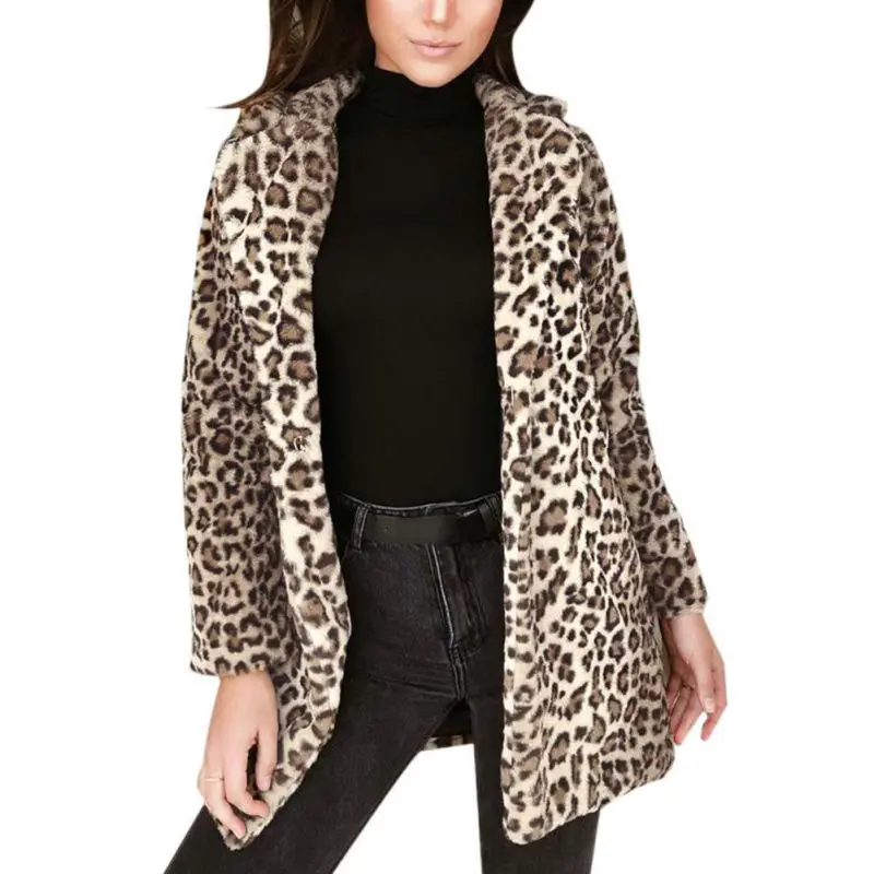 Women Winter Faux Fur Lapel Coat Warm Sexy Leopard Print Coat Fashion Long Sleeve Outerwear