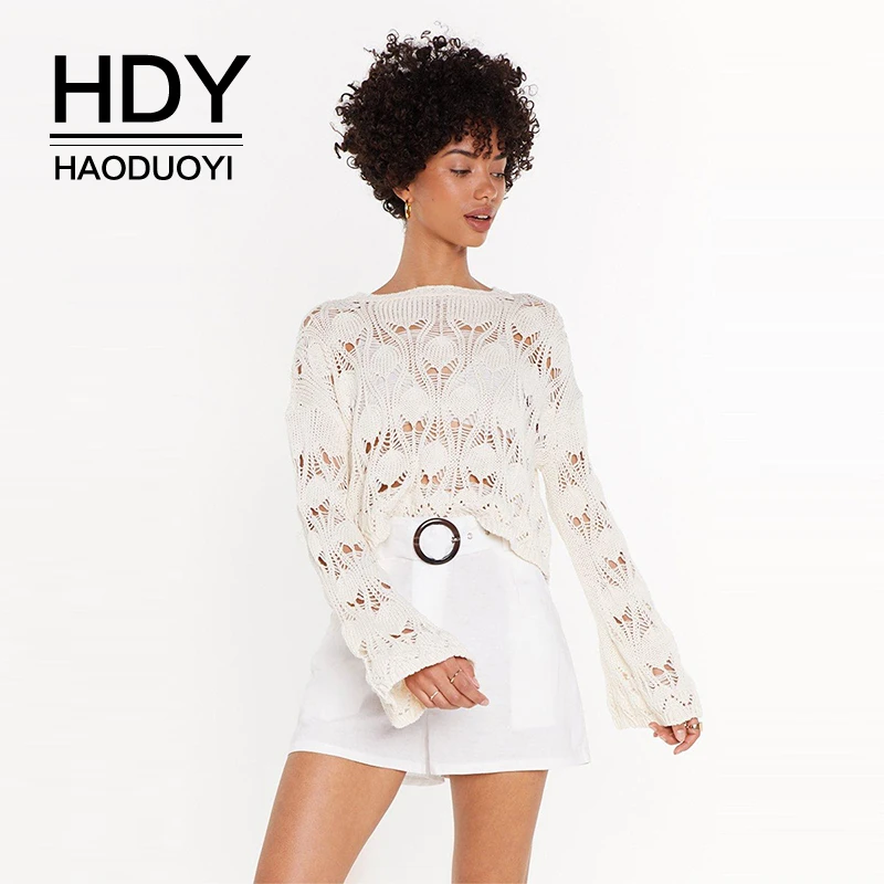 

HDY Haoduoyi 2019 Pure Color Solid Beach Style Hollow Pattern Knit Loose Trumpet Sleeve Pointelle Relaxed Summer Women Sweater