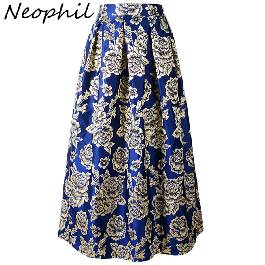 

Neophil 2019 Black Luxury Floral Embroidery Pattern Womens Long Skirts Maxi High Wasit Pleated 100cm Ladies Falda Larga MS0632