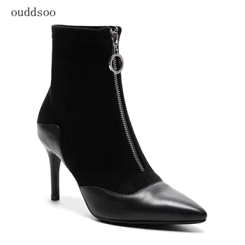 

Elegant 2018 Handmade Black Thin Heels Black Winter Genuine Leather Ankle Boots Women Zipper Short Boots For Woman Stiletto 8cm