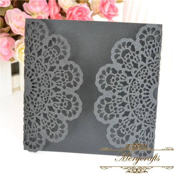 

50pcs Rustic wedding invitation laser cut black pearl wedding cards party invitations from Mery supplies