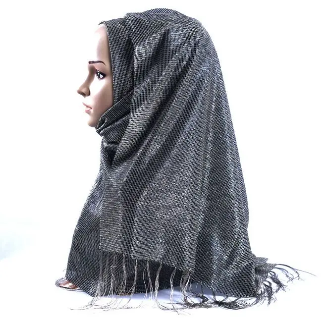 Новое поступление, блестящий хиджаб с люрексом, шаль для женщин, мусульманский платок, подшарф, Блестящий металлический длинный шаль с кисточкой 70*180 см