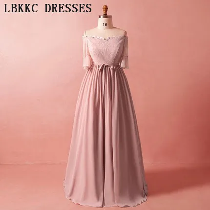 

Nude Pink Off The Shoulder Prom Dresses Chiffon Gala Jurken Flowers Vestido Formatura Half Sleeve Lace Prom Dress Plus Size