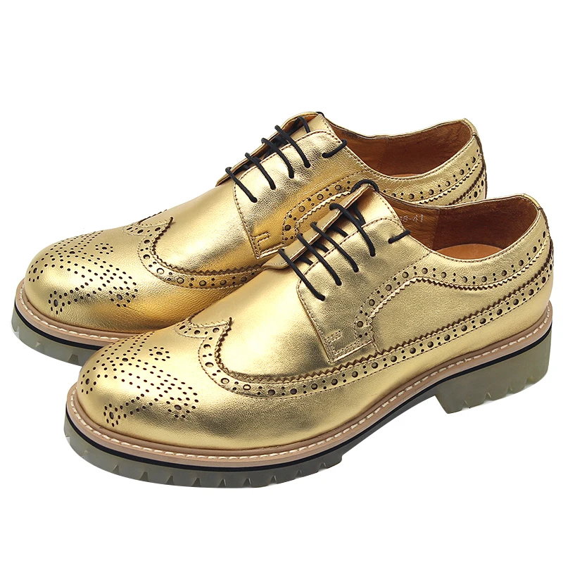 Genuino Plano Brogue Oxfords De Cuero Zapatos 2018 Moda Tallado Oro Hombres Para Tacón x5AIn70zq