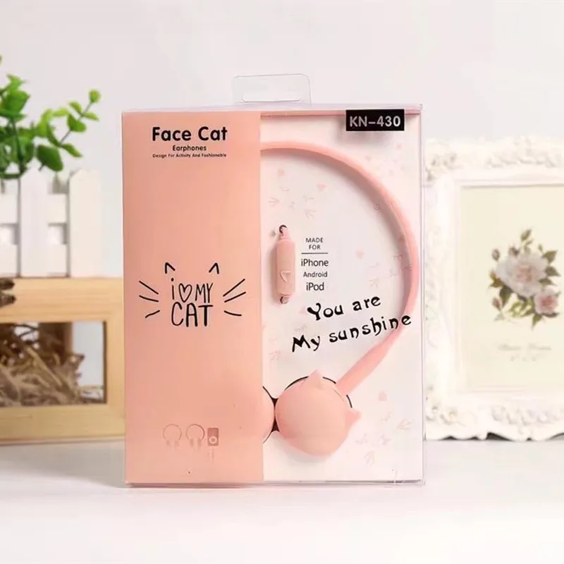 Cute Face Cat Earphones Wired Music Headphones With Microphone For Kids