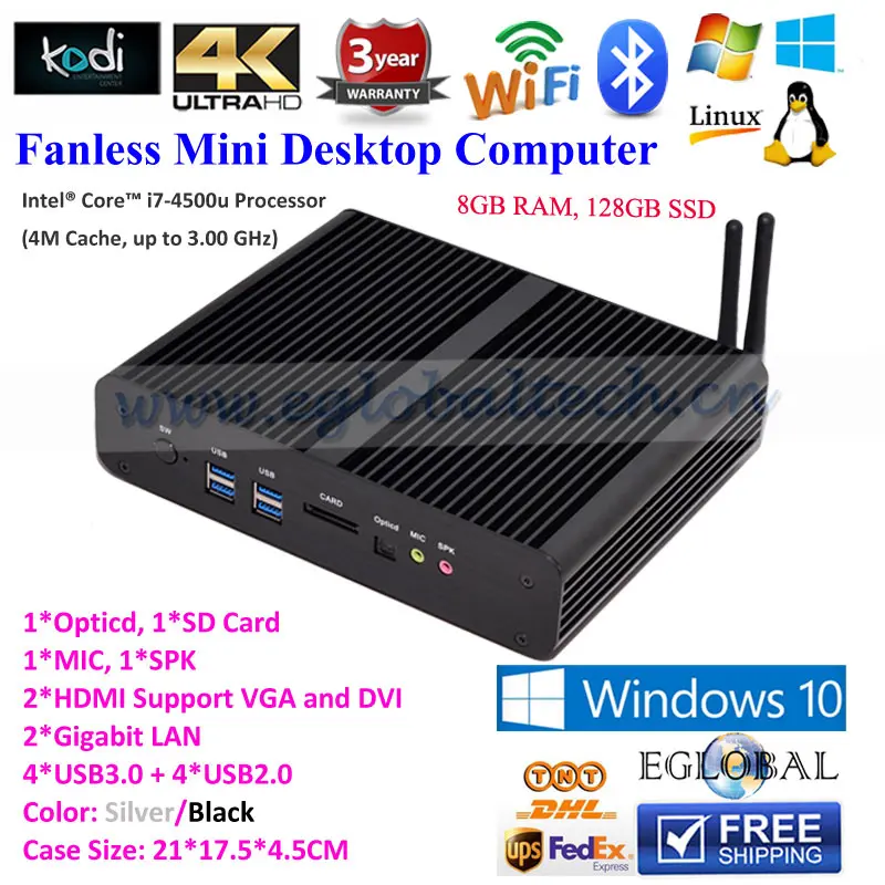 Eglobal small Desktop computer with Intel Core i7 4650U 8GB RAM 128GB SSD Pre-installed Windows 10 noiseless PC