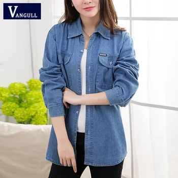 

VANGULL 2019 Spring Summer New Women Denim Jackets Solid BF Style Shirts With Pockets Autumn Female Plus Size Loose Thin Coats