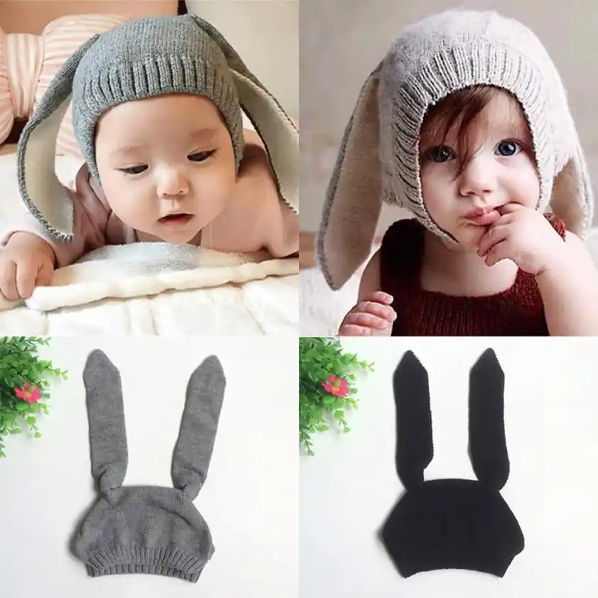 Cotton Knitted Baby Beanie Toddler Hat Winter Rabbit Ear Stripe Crochet Cap Warm