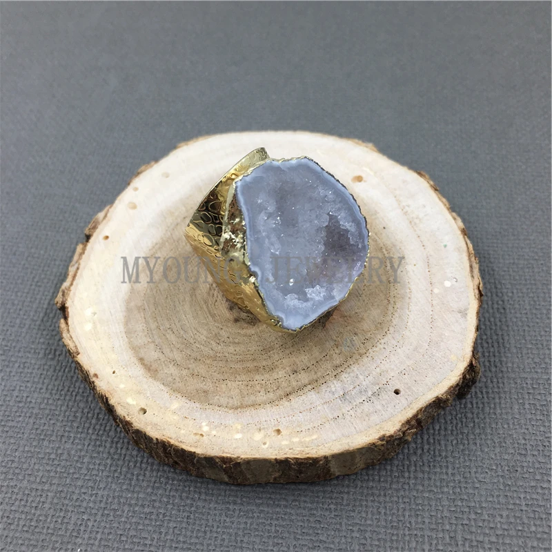 MY1040 Natural Agates Druzy Geode Rings Gold Color Base Rings (3)