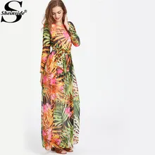 Sheinside Tropical Maxi Dress Women Multicolor Boho Self Tie Full Length Chiffon Summer Dresses 2017 Casual Zip Beach Long Dress