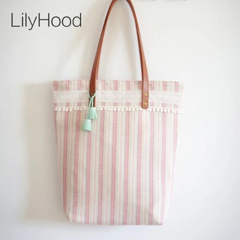 

LilyHood Handmade Women Burlap Pink Big Tote Summer Jute Lace Shabby Chic Rustic Cute Pastel Candy Color Top-Handle Bag Handbag