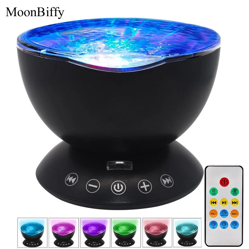 

1pc WholeSale Dropshipping MOONBIFFY Ocean Wave Projector Remote Control TF Cards Music Player Speaker LED Night Light Aurora