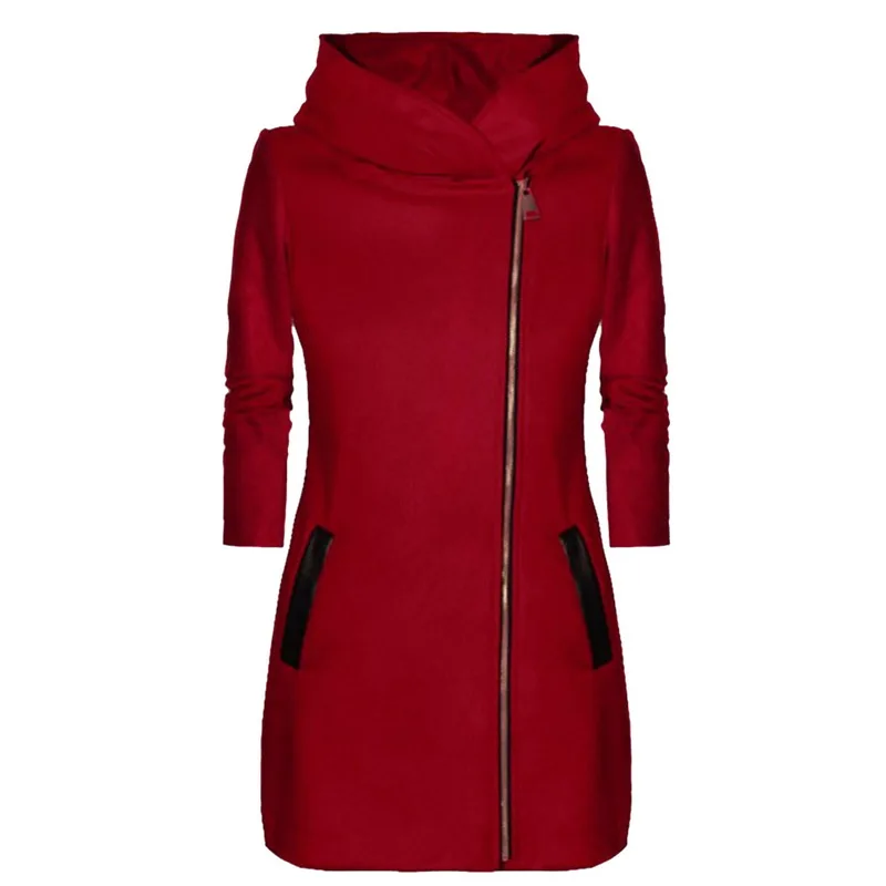 Лидер продаж, повседневное женское пальто, куртка с капюшоном и карманами на молнии сбоку, куртка с длинными рукавами для осени и зимы, высокое качество, одноцветная - Цвет: Red