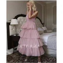 Blush Tiered Tulle Short Prom Dresses New Backless Halter A Line Ankle Length Cheap Evening Party Gowns Robe De Soiree