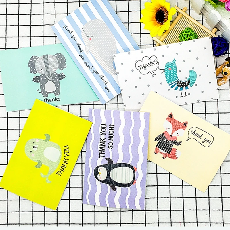 

48pcs/lot Cute Cartoon Animals THANK YOU Cards With Envelope Postcards Greeting Card Post Cards Gift Cards
