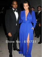2013 Kim Kardashian Deep V Neck Long Sleeve Royal Blue Front Slit Floor Length Red Carpet Celebrity Dresses Evening Gown B01215