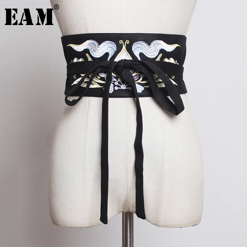 [EAM] 2019 новый весенне-летний Черный Индивидуальный винтажный Бандаж с вышивкой короткий длинный ремень Женская мода Tide Универсальный JX963