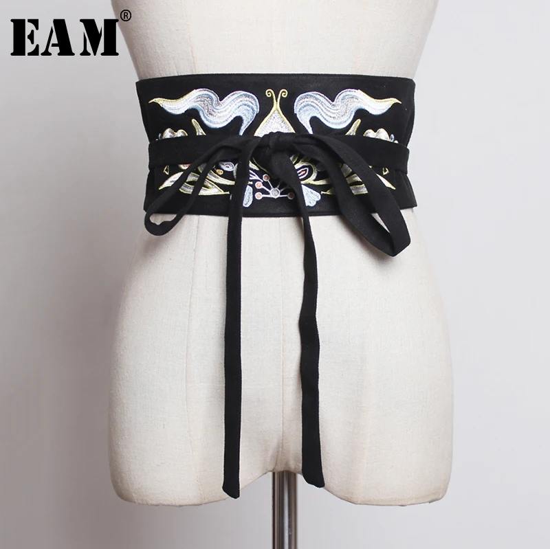 

[EAM] 2019 New Spring Summer Black Personality Vintage Embroidery Bandage Brief Long Belt Women Fashion Tide All-match JX963