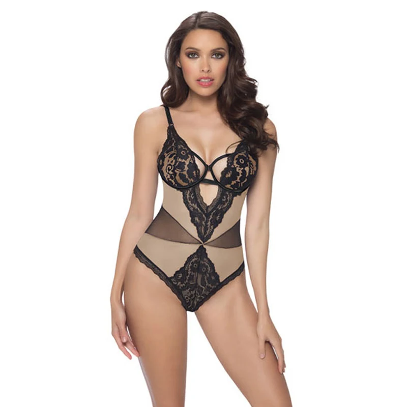 

Women's sexy skin color stitching jumpsuit European and American ladies sexy lingerie lace pajamas