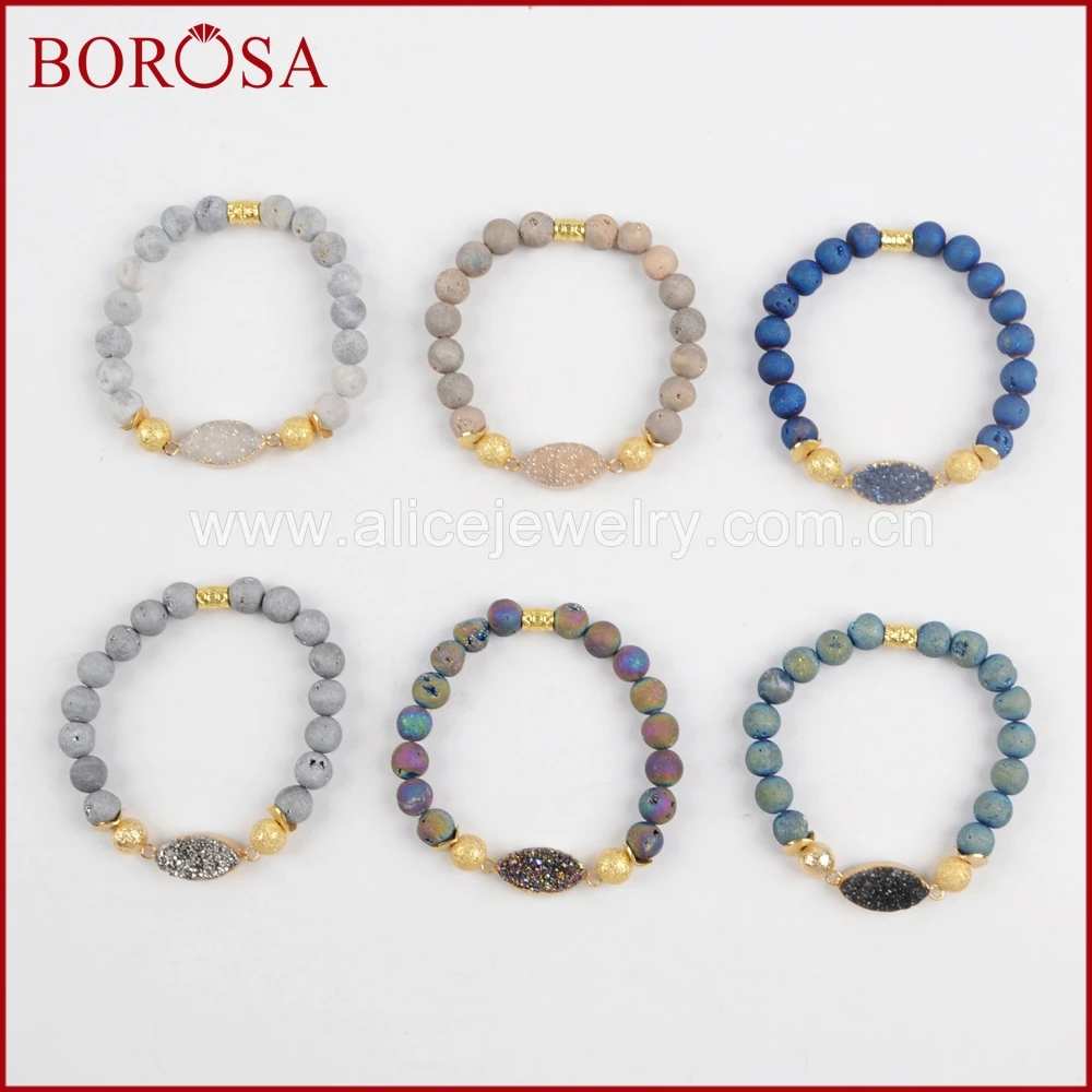 BOROSA 5 шт ручной работы Druzy браслеты для женщин золотой цвет маркиза и 8 мм Радуга
