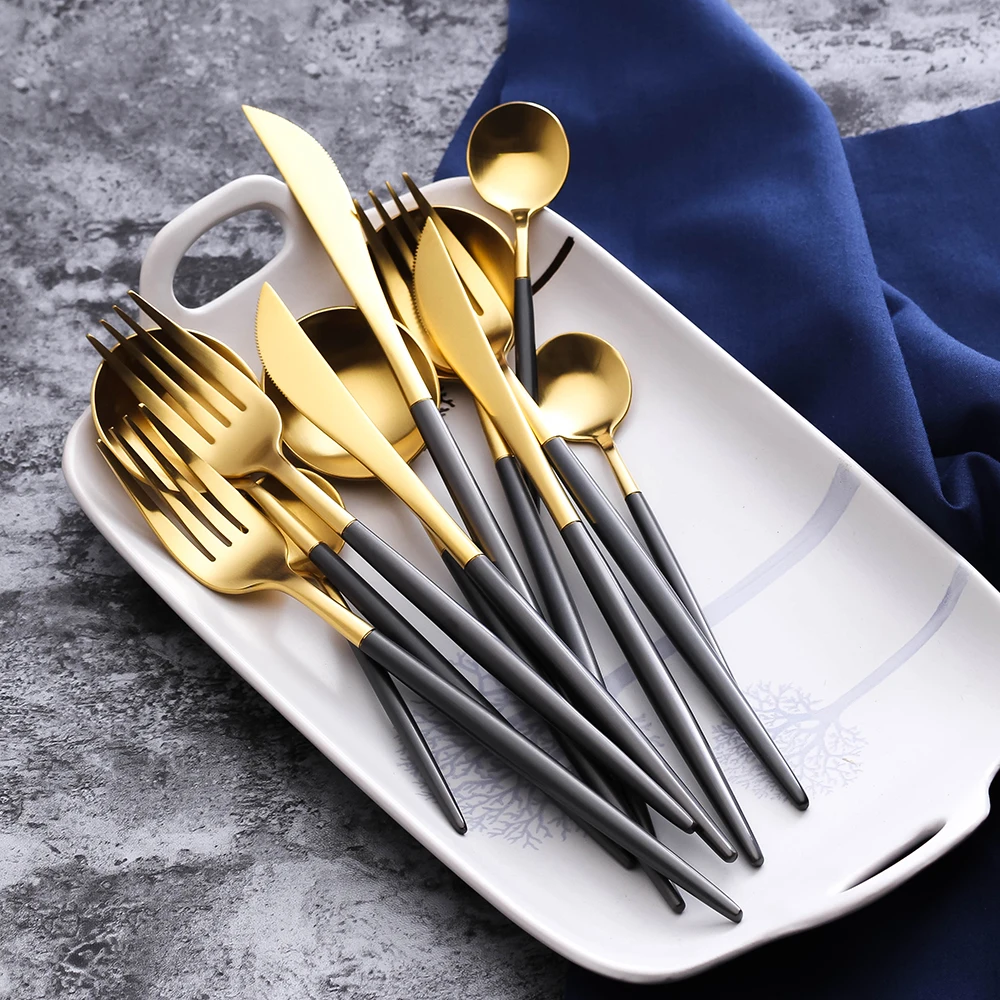 4pcs/set Set Stainless Steel Noble Fork Knife Dessert Dinnerware Gold Black Cutlery for Couverts De Table kitchen dining bar Tableware посуда нож столовые приборы набор посуды flatware