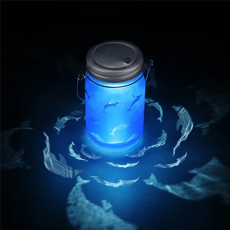 Hand Etched Garland Light Dolphins Solar Mason Jar Light Bottle Projection Nightlight Patio Outdoor Luces Led Decoracion 40JUL0102