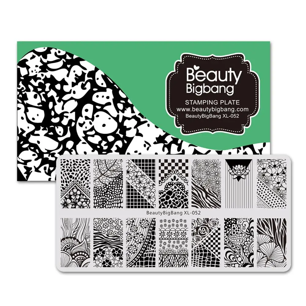 

BEAUTYBIGBANG Rectangle Nail Stamping Plates Flower Plaid Pattern Nail Art Stamping Template Image Plate XL-052