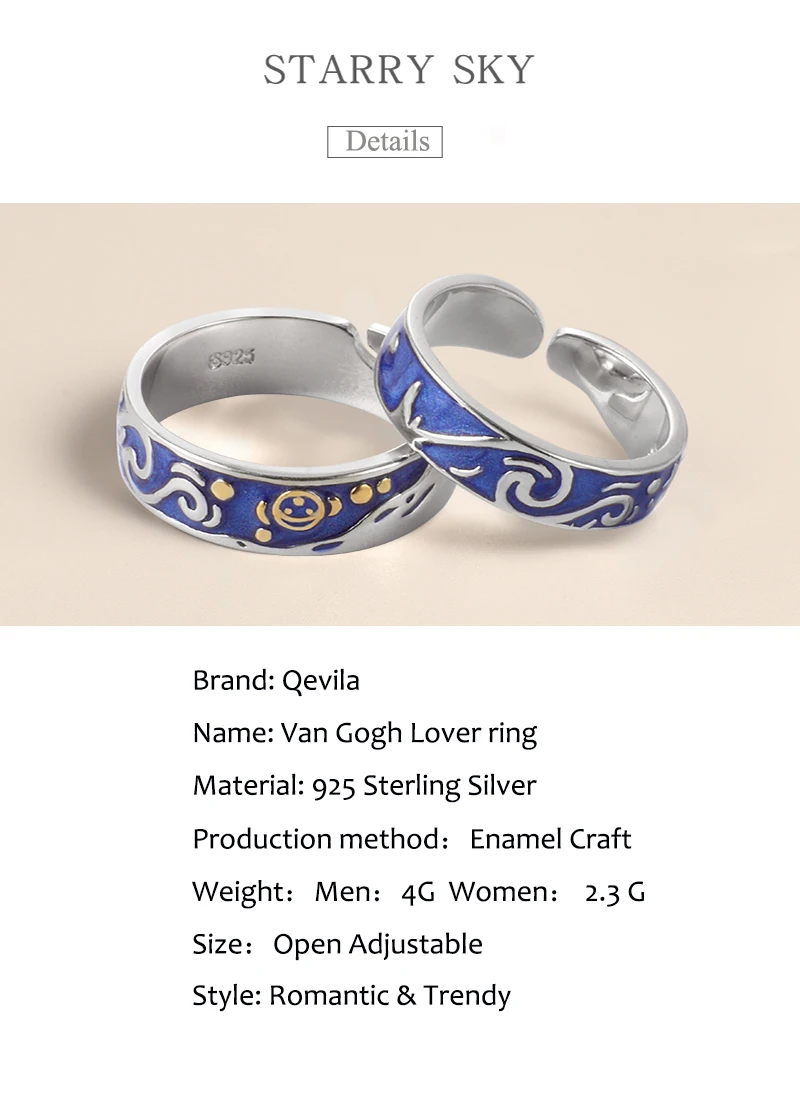 Qevila 2019 Fashion Personalized Rings Customized Van Gogh Enamel Ring 925 Sterling Silver Gold Moon Star Canvas Rings for women (16)