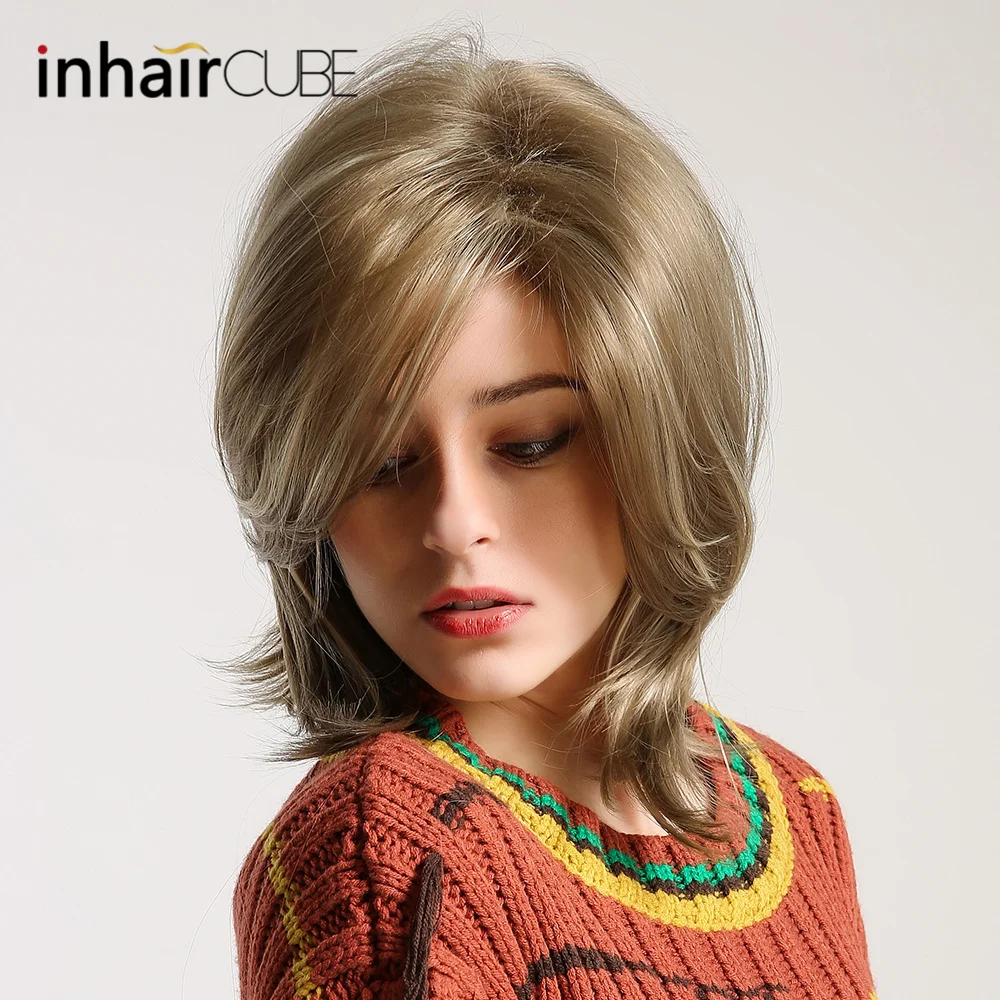 

Inhair Cube 12"Ombre Mix Brown Synthetic Hair Wigs Heat Resistant Silk Straight Simulation Scalp Short Hair Wig For Women