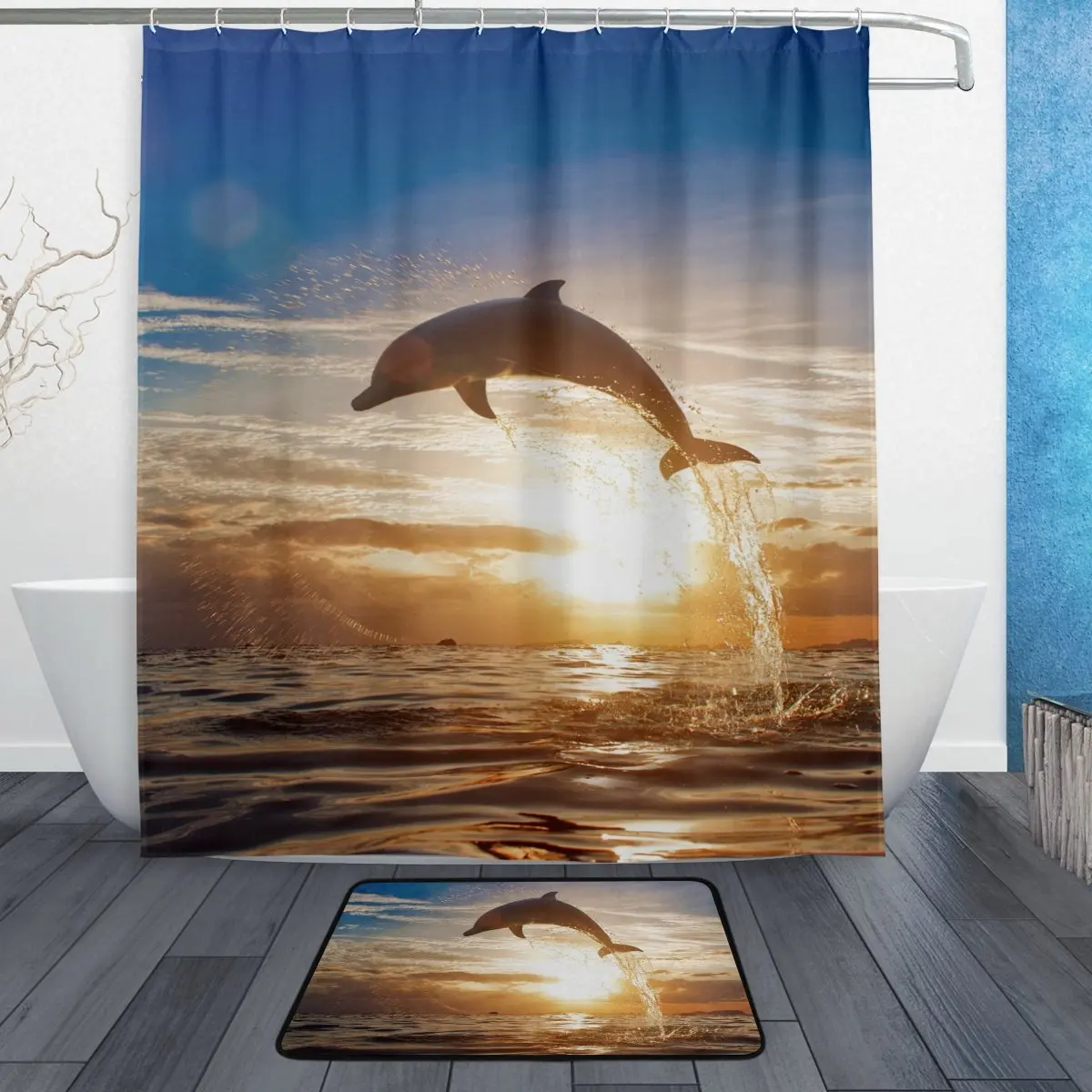 Beach Ocean Sea Sunset Shower Curtain and Mat Set, Dolphin Sea Animal
