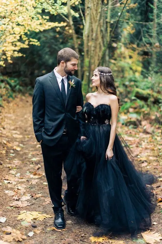 Woodland Nymph in a Black Wedding Dresses vintage retro feather strapless bohemian sweep train gothic wedding gown