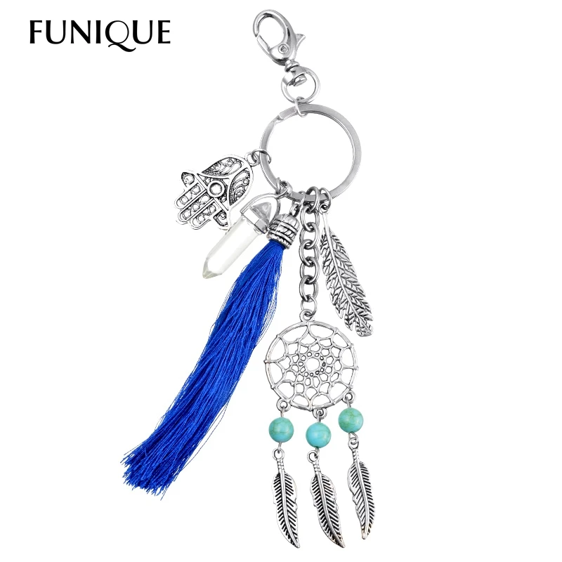 

FUNIQUE Handmade Natural Stone Keychain Dream Catcher keyring Tassels Feather Key Chain Women Silver Boho Jewelry