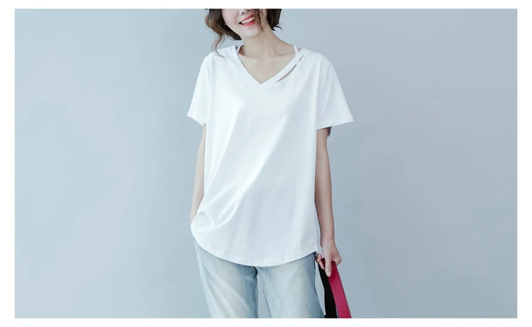 Mferlier летнее одноцветное футболка Для женщин выдалбливают V шеи короткий рукав Свободные Повседневная женская обувь белый летний топ