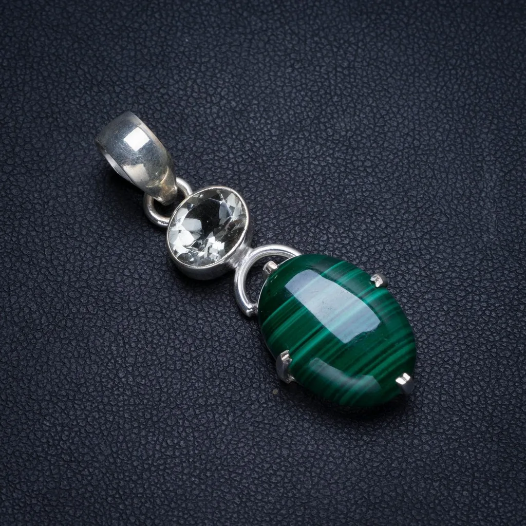 

Natural Malachite and Green Amethyst Handmade Unique 925 Sterling Silver Pendant 1 3/4" T1273