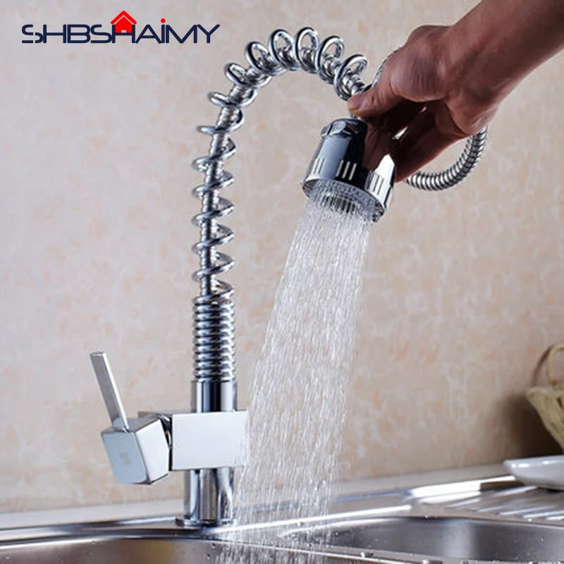 

Chrome Polished Kitchen Faucet Pull Down Dual Mode Spray Single Lever Mixer Tap Swivel Kitchen Spring Faucet