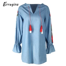 Erregina Vintage Floral Flower Embroidery Mini Dress Summer Casual Lace Up Bow Tie Tassel Light Blue V-neck Dress Lantern Sleeve tribal print tassel tie neck dress