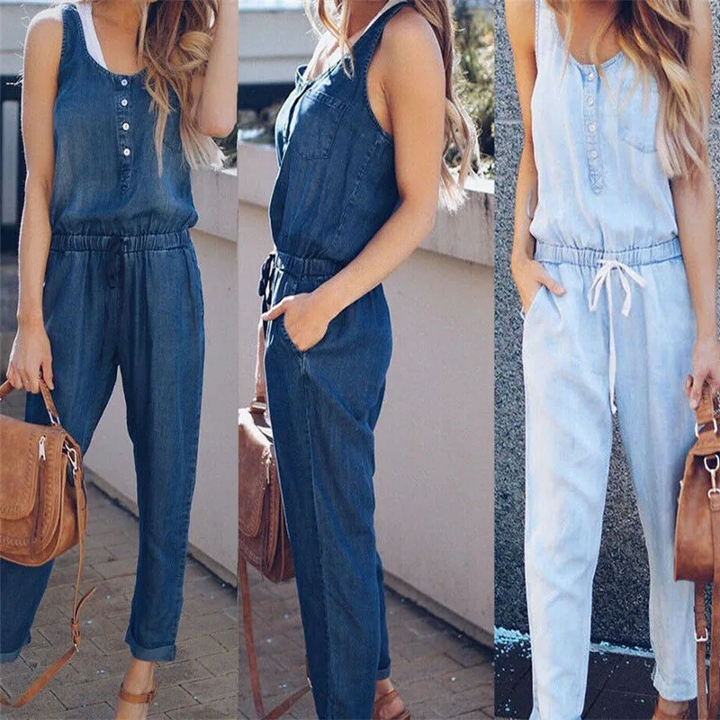 Новые модные женские повседневные однотонные джинсовые комбинезоны, мешковатые комбинезоны, джинсовые комбинезоны