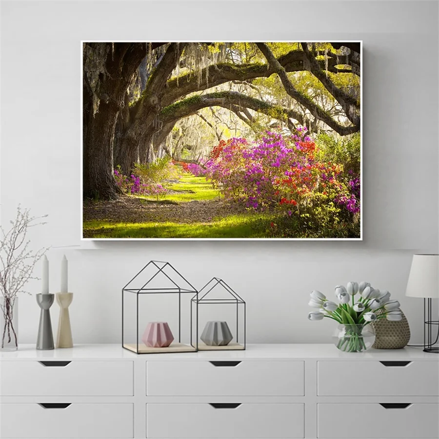 

Laeacco Blooming Flowers Trees Garden Posters and Prints Nordic Home Decoration Wall Artwork Canvas Painting Living Room Decor