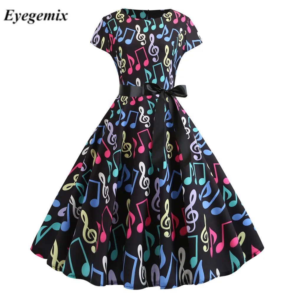 

Vintage Print Music Notes Summer Dress Bodycon Short Sleeve Casual Evening Party Prom Swing Dress for Women Party Dress Vestidos